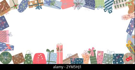 Weihnachtsgeschenk festlicher rechteckiger Rahmen, in buntes Papier gewickelte Schachteln mit Schleifenschleifen symbolisieren Freude und Tradition. Perfekt für Weihnachtsmotive, Geschenkmotive und Dekoration für Winterfeiern Stock Vektor