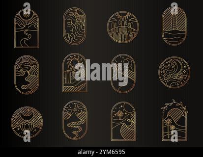 Eine Kollektion von 12 goldenen himmlischen Ikonen, die Ihren Designs einen Hauch von Eleganz verleihen. Stock Vektor