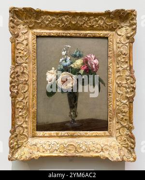 Blumen in einer Vase von Henri Fantin Latour. Stillleben von Nigellen und Teerosen. Im Legion of Honor Art Museum in San Francisco, Kalifornien. Stockfoto