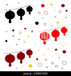 Symbolsatz Für Die Neujahrsfeier Des Lunars. Dreifache rote Laternen Silhouetten, bunte Punkte. Stock Vektor