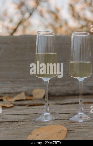 Zwei Sektgläser im Freien auf einem Holztisch, umgeben von leuchtenden Herbstblättern, schaffen eine warme, festliche Atmosphäre für eine Herbstfeier. Stockfoto