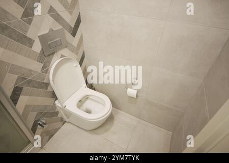 Ein modernes, modernes Badezimmer mit WC- und Duschkabine für Komfort und Hygiene Stockfoto