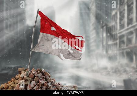 Schmutzige und zerrissene indonesische Flagge, Symbol für Widerstand und Sieg. Ein Schauplatz von Krieg und Verwüstung, die Ruinen einer Stadt, die durch Konflikte zerstört wurde. 3D-Rendering Stockfoto