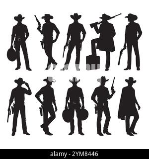 Set Cowboy-Silhouette auf weißem Hintergrund Stock Vektor