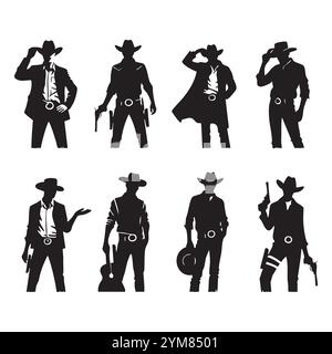 Set Cowboy-Silhouette auf weißem Hintergrund Stock Vektor