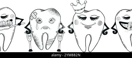Diese lustigen und skurrilen Karikaturzähne Illustrationen sind perfekt für die Förderung von Zahnpflege und gesundheitsbezogenen Themen. Handgezeichnete Vektor-Schwarzweiß-Grafiken in Strichgrafik für gedruckte Materialien, Innenräume und vieles mehr. Stock Vektor