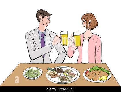 Frau und Mann auf dem Heimweg von der Arbeit, die in einem Izakaya mit Bier getoastet haben Stockfoto