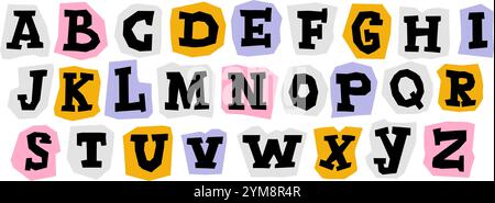Papierkorrektur. Buntes Collage-Set mit Serifenbuchstaben. Niedliches Bastelkritzel Kid Schriftelemente Bundle für Dekoration, Poster, Banner, Druck. Lösegeld-Stil abc-Pack in Großbuchstaben. Vektor Stock Vektor