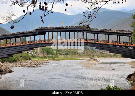 Teilblick auf den Punakha Dzong, auch bekannt als Pungtang Dechen Photrang Dzong, befindet sich im Punakha-Wangdue-Tal, Punakha, Bhutan Stockfoto