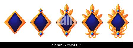 Progressive Rangliste mit rautenförmigen Rahmen mit marineblauer Mitte und goldenen Bändern. Jede Ebene fügt dekorative Blattelemente, glänzende Edelsteine und ornamentale Details hinzu. Spielverlauf. Stock Vektor
