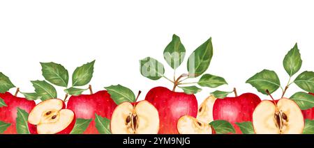 Nahtloser Rand mit roten Äpfeln, Scheiben und grünen Blättern. Aquarell- und Markierungsabbildung. Handgezeichnetes isoliertes horizontales Banner. Gartenfrüchte Stockfoto