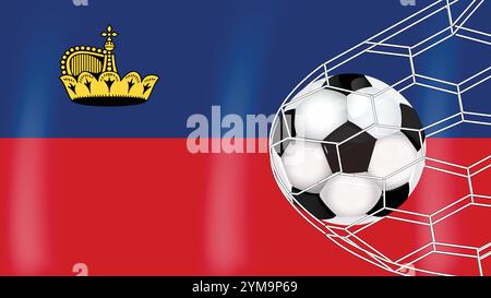 Fußball Fußball im Goal Net isoliert auf Liechtenstein Flagge, Sportzubehör Ausrüstung Stock Vektor