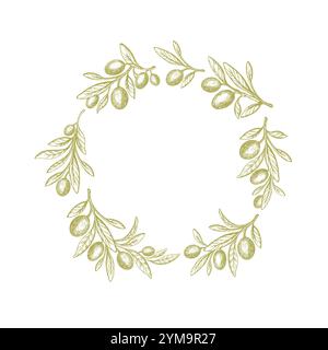 Olive-Kreismuster. Vektor-grüner Zweig, Texturblätter und Ölfrucht. Mediterraner Hintergrund. Extra natives Essen Stock Vektor