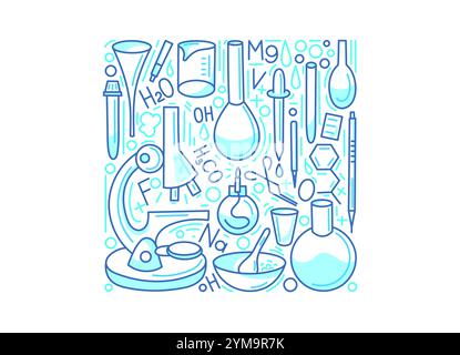 Quadratisches Design mit Chemielinien. Handgezeichnete Vektor-Kunstsammlung. Ausbildung und Chemielabor, Medizinexperiment Stock Vektor
