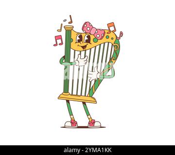 Cartoon Retro lustige irische Harfe groovige Charakter für Saint Patrick Day Feiertag, Vektor-Persönlichkeit. Harfe groovige Figur mit funky Gesicht lächelt und spielt auf Streichern für den irischen St. Patrick Day Stock Vektor