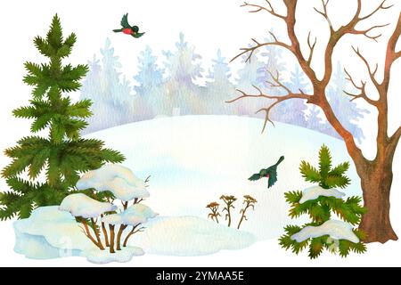 Winterszene. Cartoon-Landschaft. Horizontale Zusammensetzung von Nadelbäumen, schneebedeckten Büschen, Blattlosen Bäumen, getrockneten Blumen, Vögeln, Schnee und Wälder Stockfoto