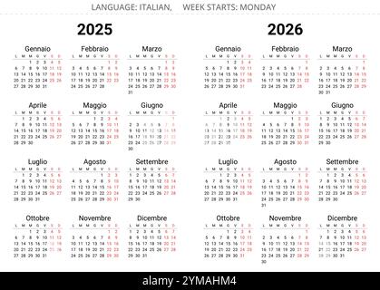 italienische Kalender 2025 und 2026 (calendario italiano). Einfache editierbare Vektor-Illustration Jahressatz für Italien Stock Vektor