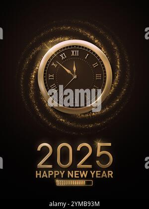 Die Countdown-Uhr für das neue Jahr 2025 zeigt das neue Jahr 2025 mit einer goldenen Metallic-Uhr und Glitzer Stockfoto