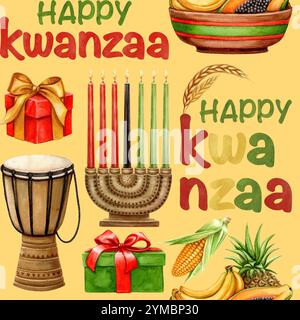 Glückliches Kwanzaa nahtloses Muster aus afrikanischer Trommel, Früchten und Kinara mit Geschenken. Handgezeichnete Aquarell-Feiertagsillustration eines traditionellen Symbols. Isolat Stockfoto