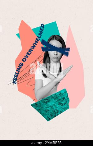 Kreative 3D-Foto-Collage Trend-Artwork-Vorlage der jungen Dame Blindhand halten Mobbing belästigt Gefühl überfordert Ermüdung stoppen Stockfoto