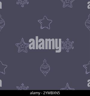 Nahtloses Weihnachts- und Neujahrsmuster mit Schneeflocken-, Stern- und Weihnachtsbaumspielzeug. Dunkler Hintergrund mit hellem Muster Stock Vektor