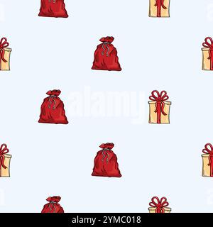 Nahtloses Vektor-Muster mit Santa Claus Tasche und Geschenk. Neujahrs- und Weihnachtshintergrund für Design, Geschenkpapier Stock Vektor