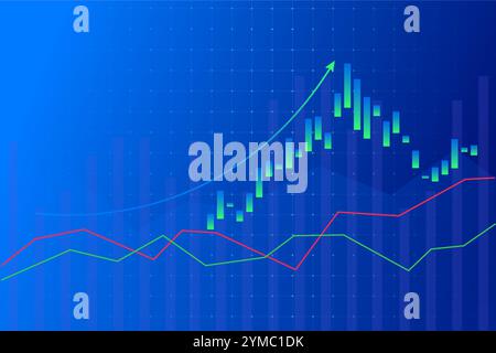 Blaues Design, das das Wachstum der Börse mit Kerzenleuchtern und Liniendiagrammen unterstreicht und Finanztrends und Aufwärtsbewegungen betont. Stock Vektor