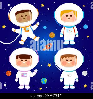 Astronautenkinder im Weltraum. Mädchen und Jungen in Astronautenkostümen. Kinder in Raumanzügen, Planeten und Raumschiffen. Stockfoto