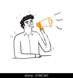 Lustiger junger Mann isolierte Menschen aufrichtige Gefühle Lifestyle Konzept. Schreiend in Megaphon, Hand gezeichnet Vektor Illustration Kritzelstil Stock Vektor