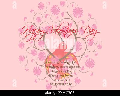 Roter Vogel sitzt in der Mitte eines rosafarbenen Blumenbaums. Der Baum ist von rosa Blumen umgeben. Der Vogel hält ein Herz im Schnabel. Hervorgehoben Stock Vektor