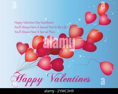 Ein Haufen roter Ballons mit blauem Hintergrund. Die Ballons haben die Form von Herzen. Der Text sagt Happy Valentine. Hervorgehoben mit liebevollem Zitat Te Stock Vektor