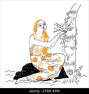 Hübsche Frau mit langen Haaren baden im Wasserfall, Vektor-Illustration Hand gezeichnet Stock Vektor