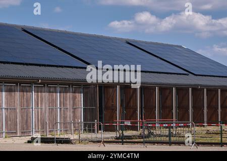 Große Anzahl von Solarpaneelen, die auf einem Dach eines Agrargebäudes installiert sind, fördern die Umstellung auf grüne Energie in den Niederlanden, eine Demonstration von Sustain Stockfoto