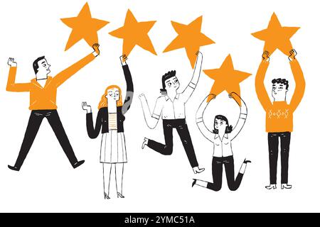 Positives Feedback mit fünf Sternen und hohes Bewertungsniveau. Zufriedene, zufriedene Menschen mit fünf Goldsternen geben positives Feedback und gute Bewertungen. Stock Vektor