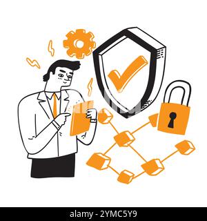 Infografik, Banner mit Helden schützen Daten und Vertraulichkeit. Sicherheit und Schutz sensitiver Daten, Konzept mit Charakter Code speichern und prüfen Stock Vektor