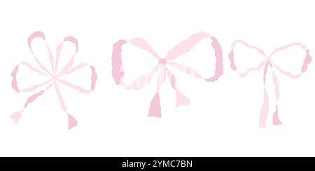 Set aus Coquette Aquarellschleifen in Rosa mit Mädchenoptik. Schleife für flache Haardekoration. Bänder isoliert. Trendige Accessoires für Mädchen. Niedliche Friseurelemente Stock Vektor