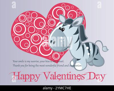 Zebra steht vor einem Herzen. Das Herz ist rot und weiß. Das Zebra lächelt. In dem Text steht Happy Valentine's Day. Liebevoll hervorgehoben Stock Vektor