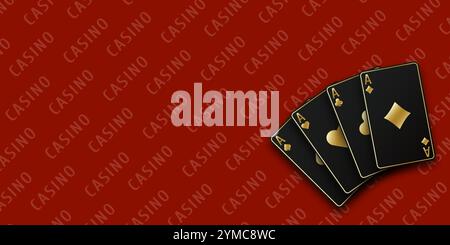 Eine Hand gefächert mit Spielkarten, bestehend aus Pik-Ass, Diamanten, Schlägern, Herzen. Vektor-Illustration Kasino aller Asse. Red Casino Tisch Backgro Stock Vektor