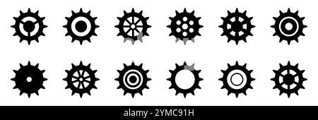 Symbolsatz Gänge. Symbol für Gangeinstellung. Sammlung mechanischer Zahnräder. Einfache Zahnradsammlung. Zahnradsymbole. Vektordarstellung mit Zahnrädern Stock Vektor