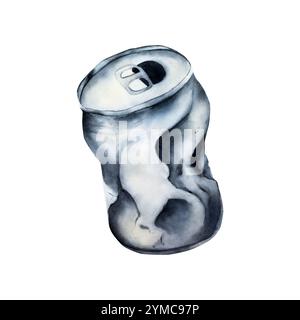 Zerknitterte Aluminiumdose. Handgezeichnete Illustration mit Aquarell. Zerknitterte leere leere Limonade- oder Bierdose isoliert auf Hintergrund. Umwelt, Ökologie, Erde Stockfoto