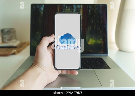 Logo der OneDrive Cloud Storage-Anwendung auf dem Smartphone-Bildschirm vor dem Laptop. Vilnius Litauen - 20. November 2024. Hochwertige Fotos Stockfoto