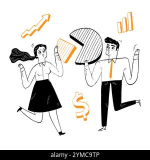 Business Success Concept, Mitarbeiter halten ein Tortendiagramm. Hand gezeichnete Vektor Illustration Kritzelei. Stock Vektor