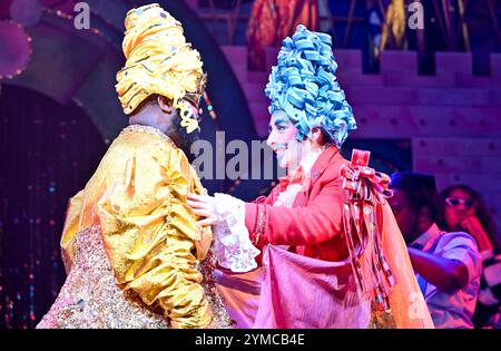 London, Großbritannien. November 2024. Die Besetzung der neuen „Aladdin“-Pantomime (Andre Antonio als Aladdin, Emmanuel Akwafo als Witwe Twerkey, Jodie Jacobs als Dschinn, Andrew Pepper als Abanazaar, Aleyna Mohanraj als Jasmin). Treten Sie während eines Pressegesprächs im Lyric Hammersmith Theatre in London, Großbritannien auf. Quelle: LFP/Alamy Live News Stockfoto