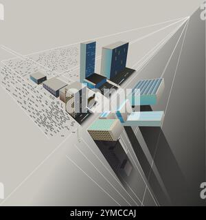 Futuristische Stadt mit Stadtstraßen. Isometrische 3D-Vektor-digitale Illustration einer futuristischen Stadtlandschaft auf grauem Hintergrund, Ansicht von oben. Stock Vektor