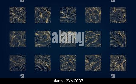Vektor gesetzt, wenn Linie abstrakte quadratische Logos, Ozean wellenförmige Zeichen, Wasser, organische Formen. Abstrakte Kunst, goldene Luxussymbole, Sandabzeichen. Stock Vektor