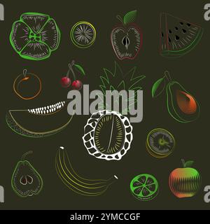 Ein Set farbenfroher Früchte. Designs für Logos und Poster. Lineare Vektordarstellung. Stock Vektor