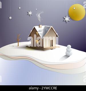 Eine Zeichentrickszene mit einem Haus, einem Baum und einem Fluss darunter, Winter. Vektorabbildung. Im Stil des Papierausschnitts Stock Vektor