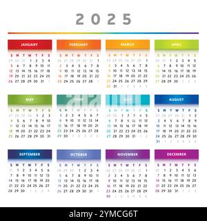 2025 Kalender mit Feldern in Regenbogenfarben 4 Spalten - Englisch Stock Vektor