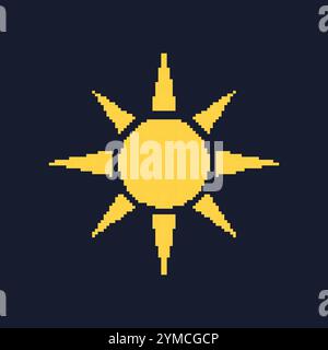 Symbol Für Sun Pixel Art. Retro-Spiel gelbe Sonne isoliert auf dunklem Hintergrund. Vintage-Videospiel-Symbol. Abbildung Des Isolierten Vektors Stock Vektor