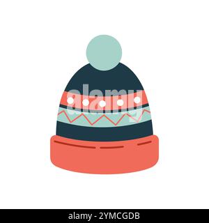Gestrickte, gestreifte Wintermütze. Warme Kopfbedeckung, Winteraccessoires. Flache Bauweise, Vektor isoliert auf weiß. Flaches Design, Vektor isoliert auf weißem Hintergrund. Stock Vektor